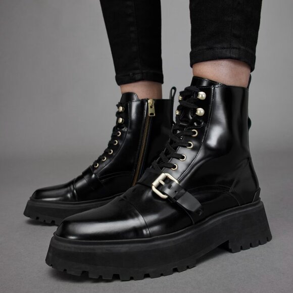 All Saints Shoes - AllSaints Stellar Cap Toe Combat Boot Patent Leather Black Buckle EU 39